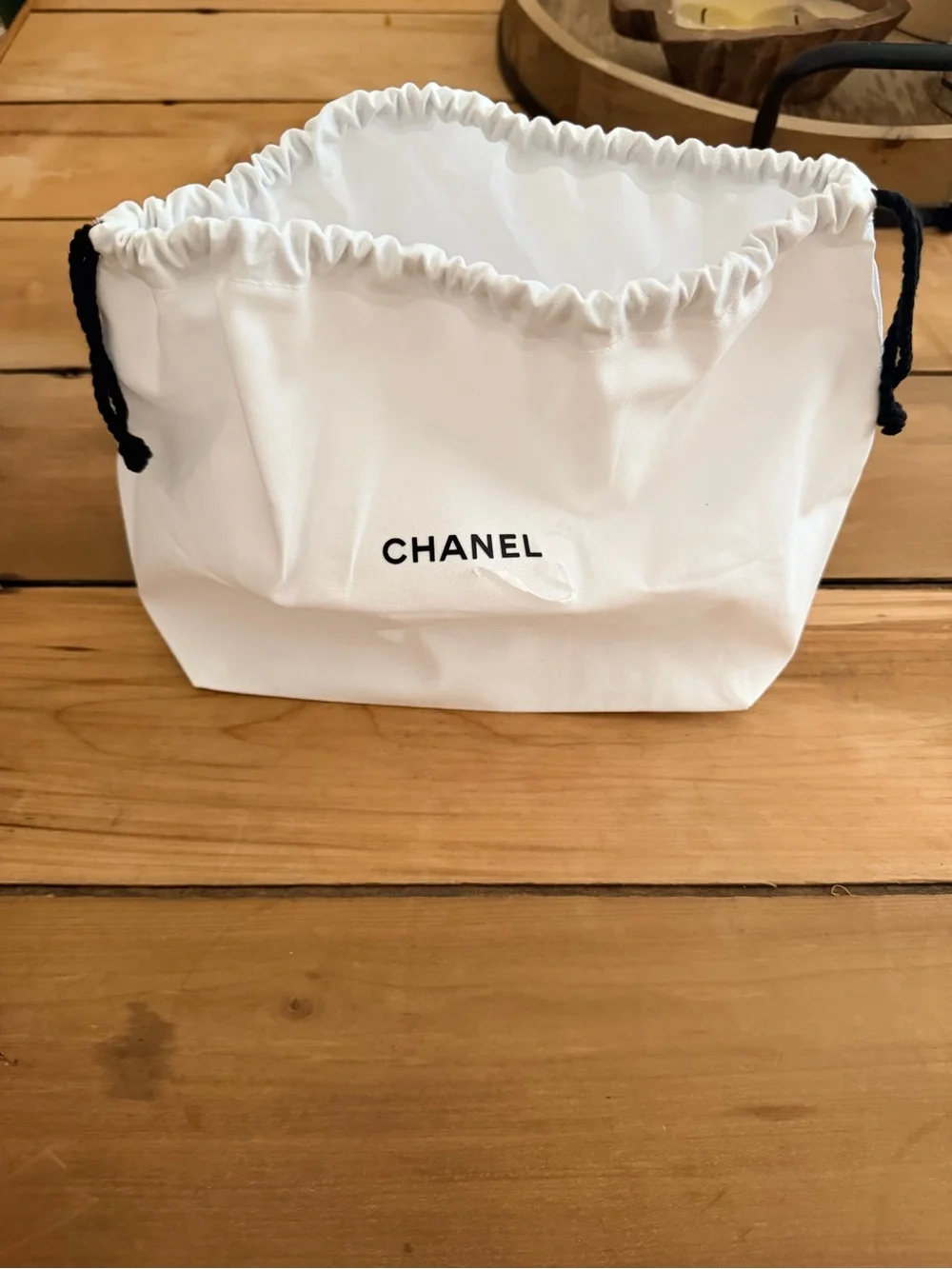 CHANEL White Drawstring Dust Bag with Black Cord and White Envelope